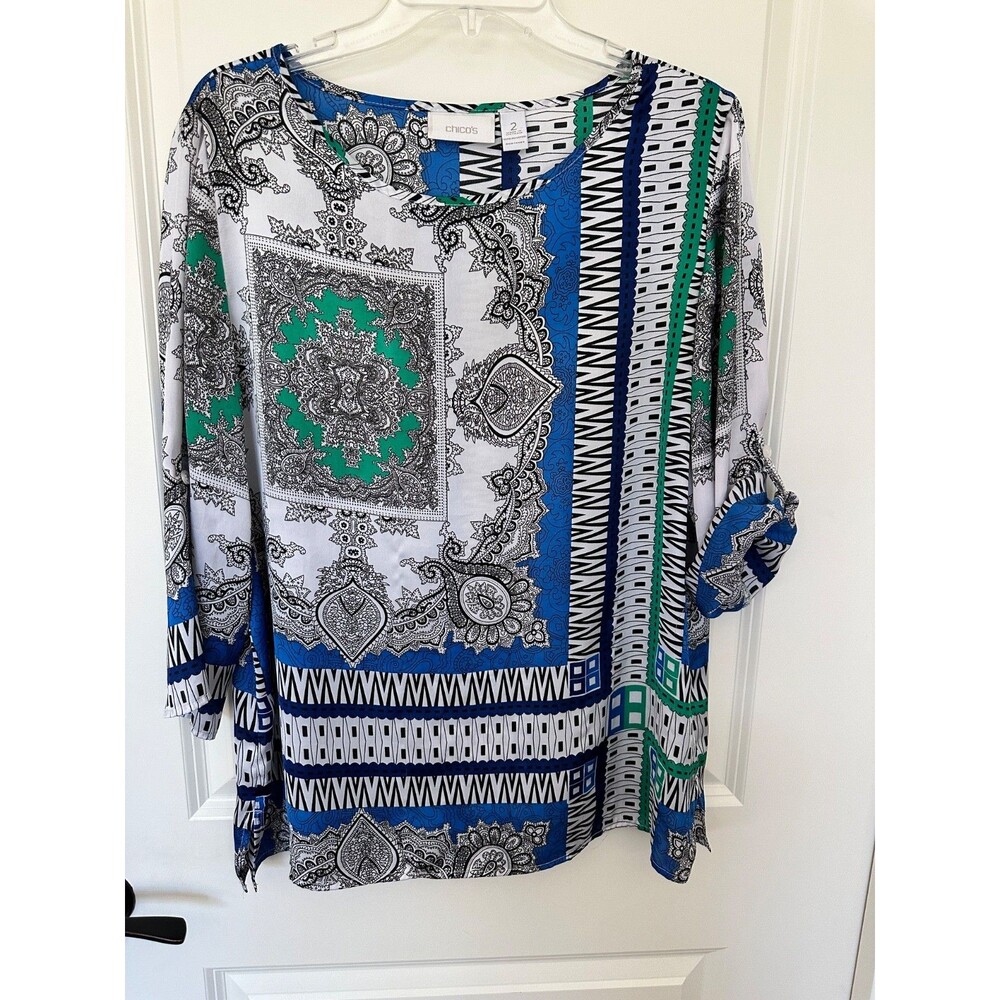 Chico's Black White Green Blue Print Roll-Tab Sleeve Blouse Size 2 (US12)